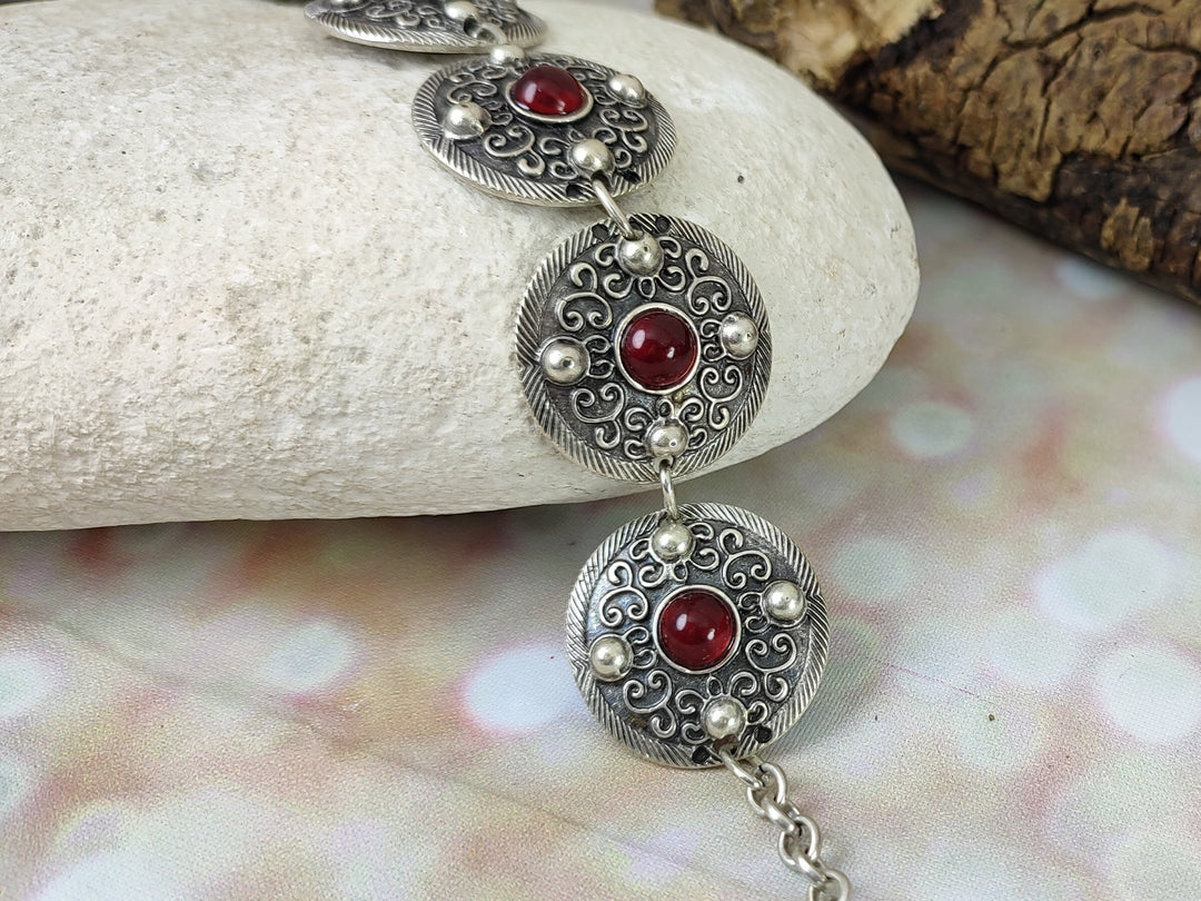 Silver bracelet with Carnelian gemstones, boho ethnic silver bracelet, Turkish silver coin bracelet, red stone bracelet