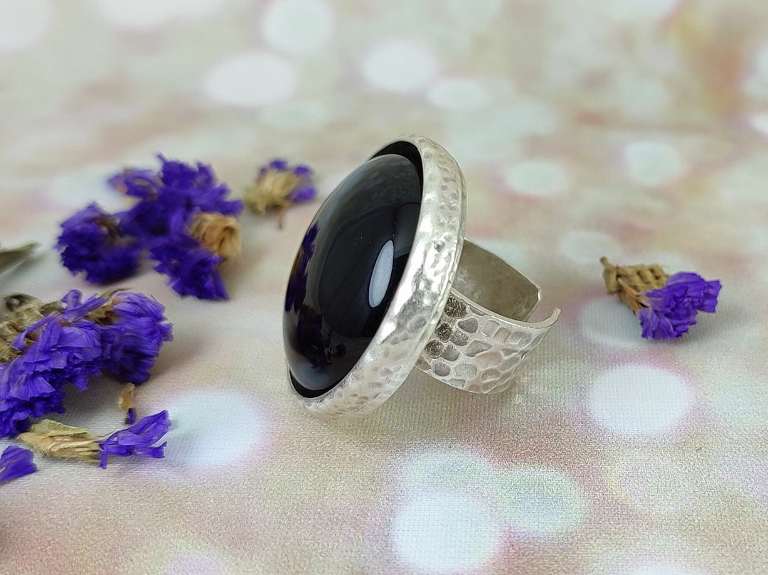 Black onyx ring for women, large black stone cocktail ring  ring. Black gemstone ring, large chunky silver ring, adjustable silver ring